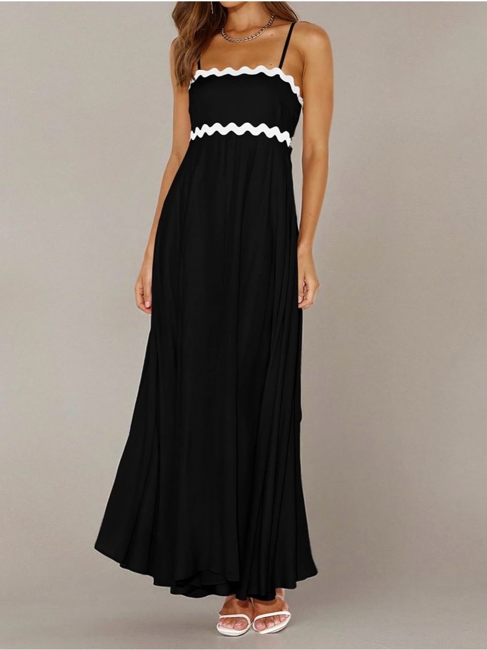 Black Maxi Sundress with White Trim - Elegant Spaghetti Strap Dress